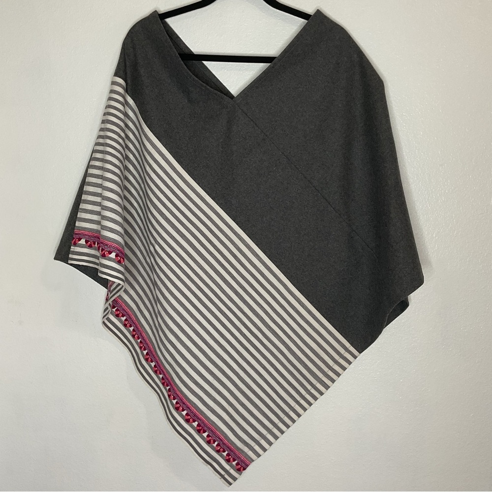 MATAT Wool Blend Embroidered Striped Poncho One Size